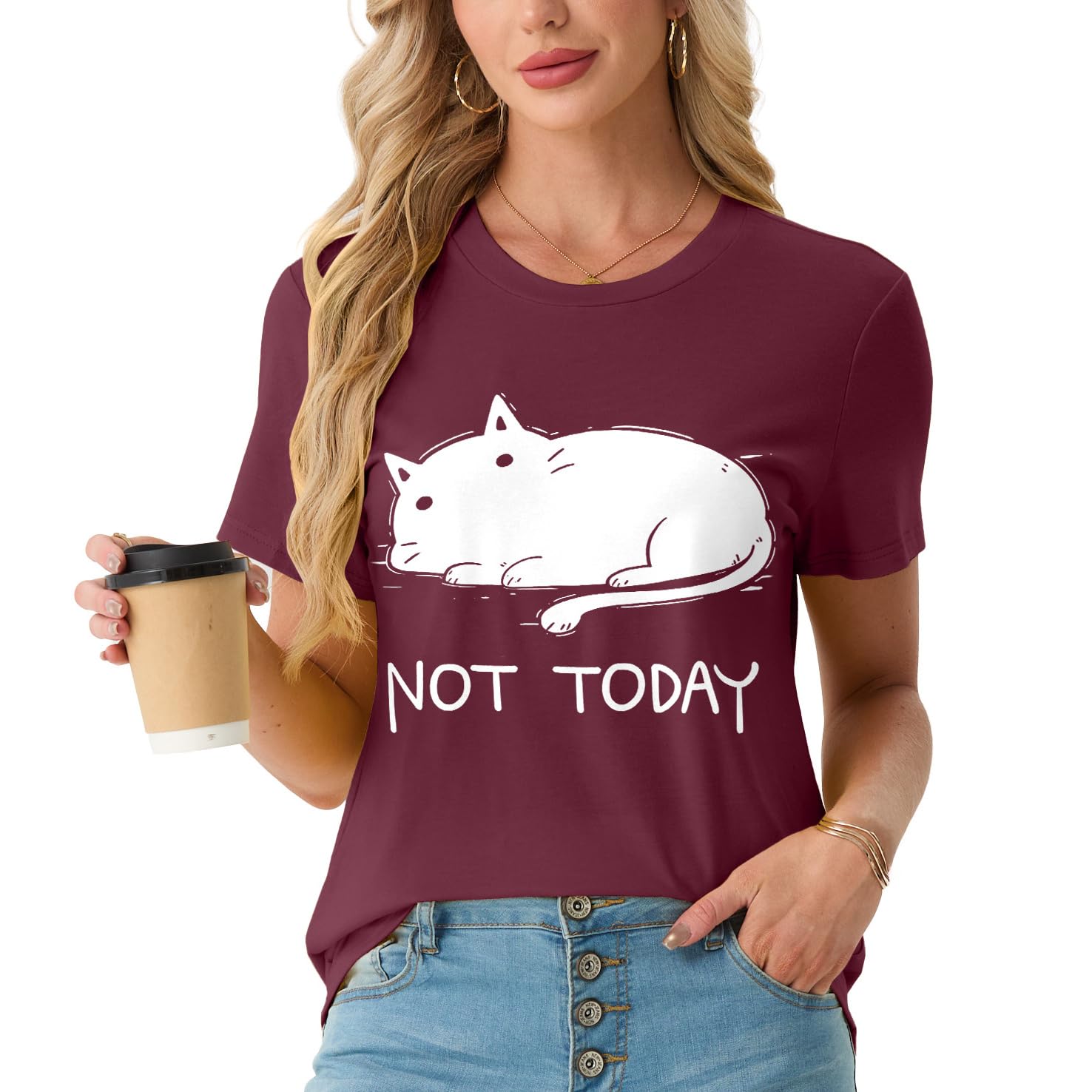 Women's Cat Graphic T Shirt Funny Not Today Cute Lazy Kitty Novelty Crewneck Short Sleeve Casual Tee Gifts for Cat Lovers