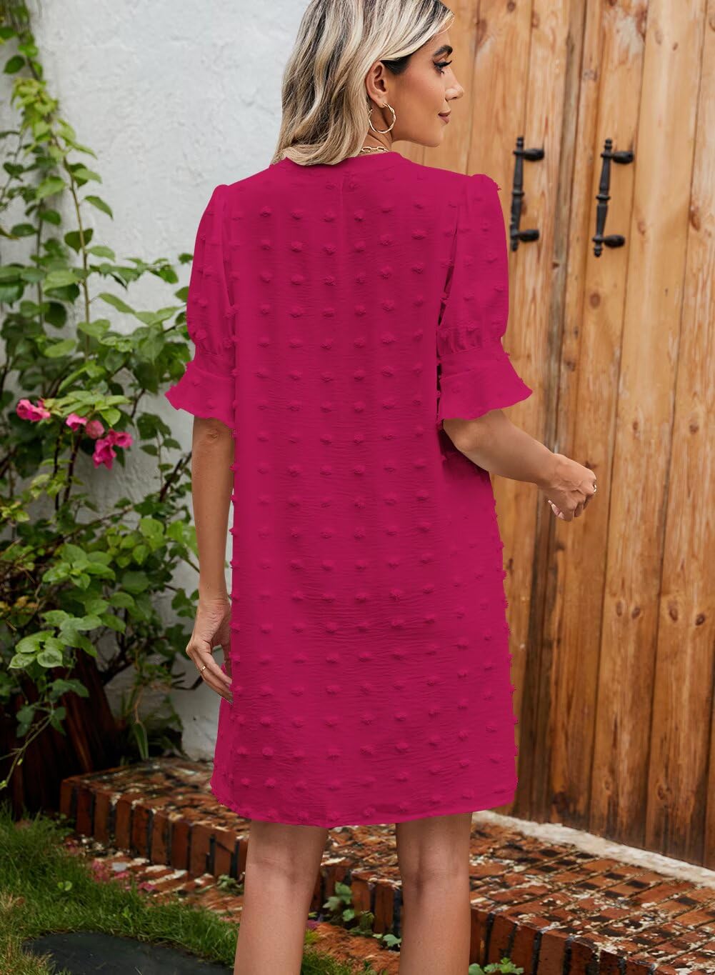 QACOHU Womens Spring Summer Short Sleeve V Neck Mini Dress Chiffon Swiss Dot Flowy Short Dress Rose L