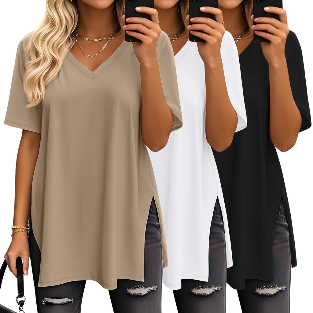 Huukeay 3 Pack Oversized Shirts for Women V Neck Workout T Shirt Casual Side Split Tee Short Sleeve Loose Tops Tunic Tops(Black, White, Khaki,Medium)