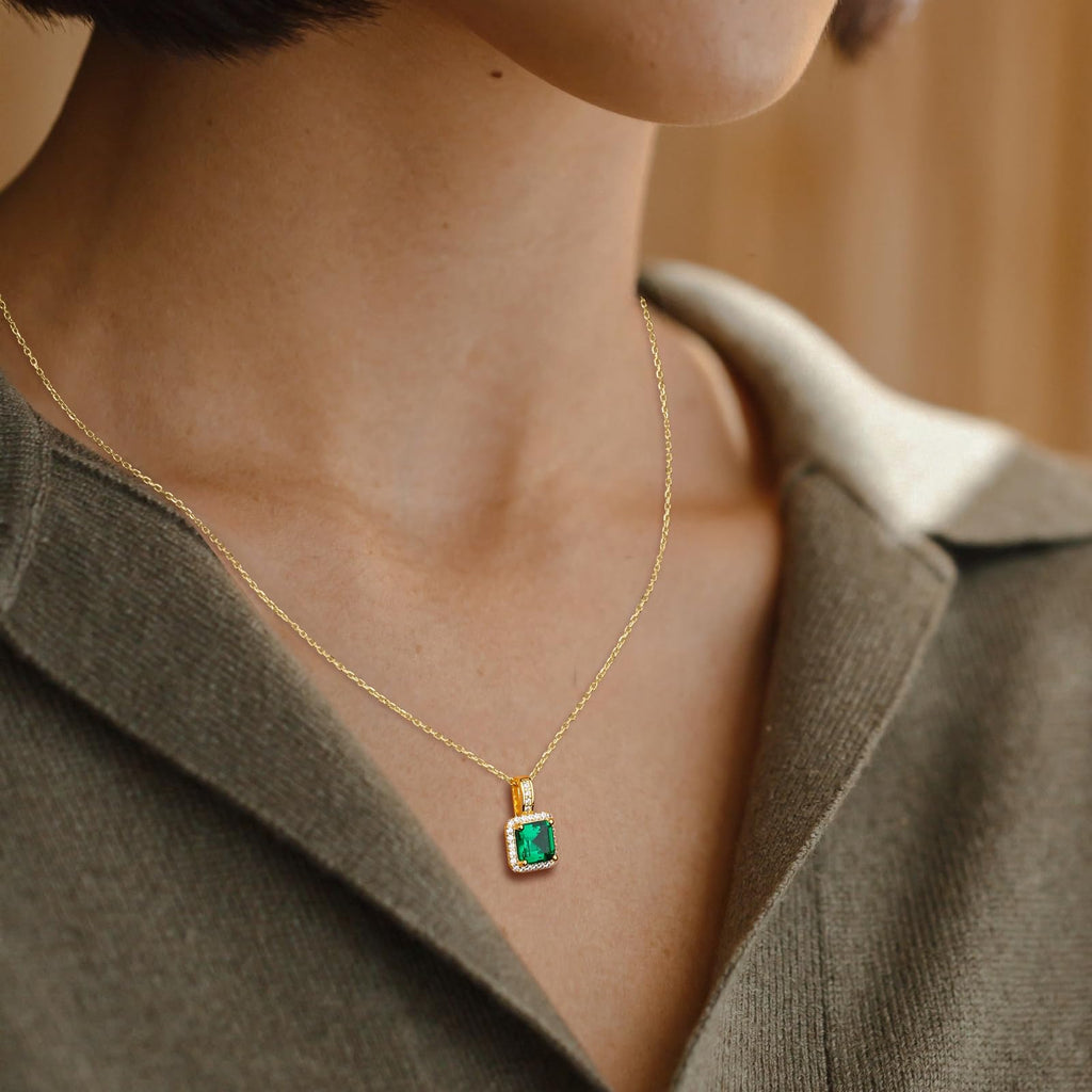 AGRULE Simple Emerald Necklace for Women Wedding Anniversary 14K Gold Plated Sterling Silver Rolo Chain Diamond Accented Green Solitaire Pendant