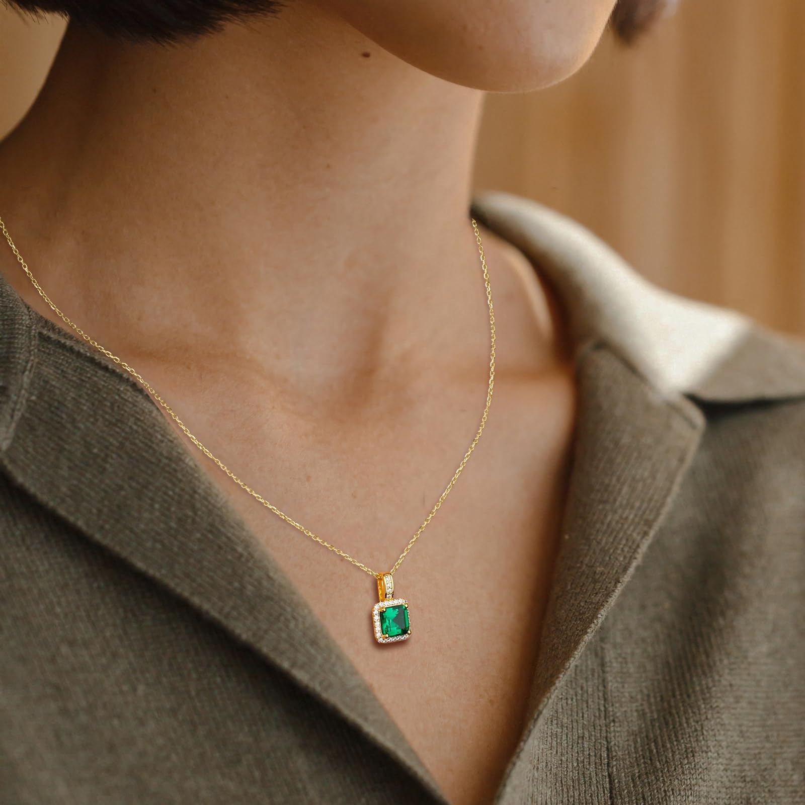 AGRULE Simple Emerald Necklace for Women Wedding Anniversary 14K Gold Plated Sterling Silver Rolo Chain Diamond Accented Green Solitaire Pendant
