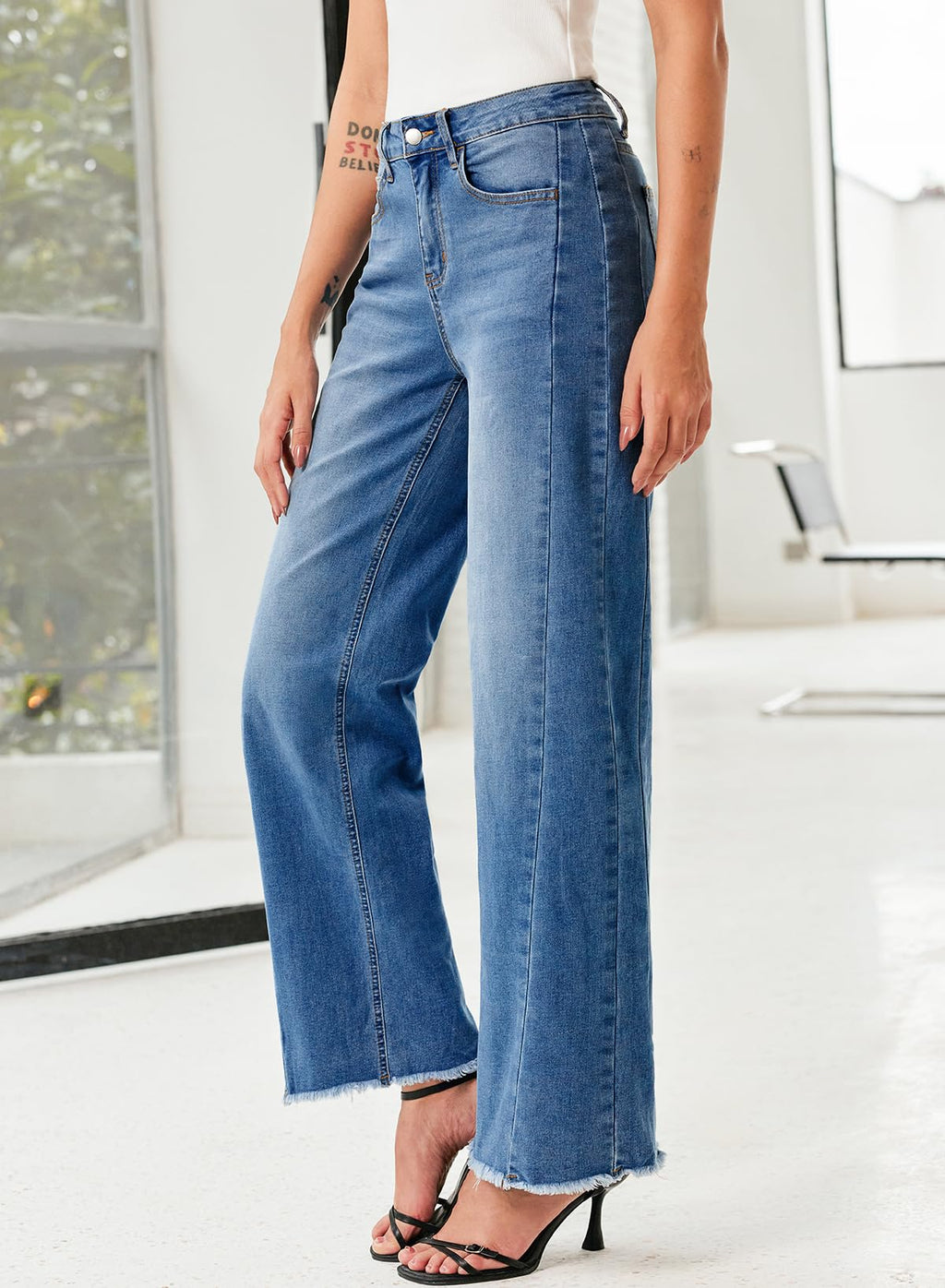 Sidefeel Women's Wide Leg Jeans High Waisted Stretchy Raw Hem Denim Pants Size 16 Blue