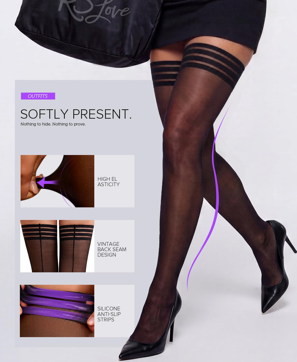 RSLOVE Women's Thigh High Stockings - 40D Antiskid Silicone Backseam Stockings Perfect for Daily & Party Black
