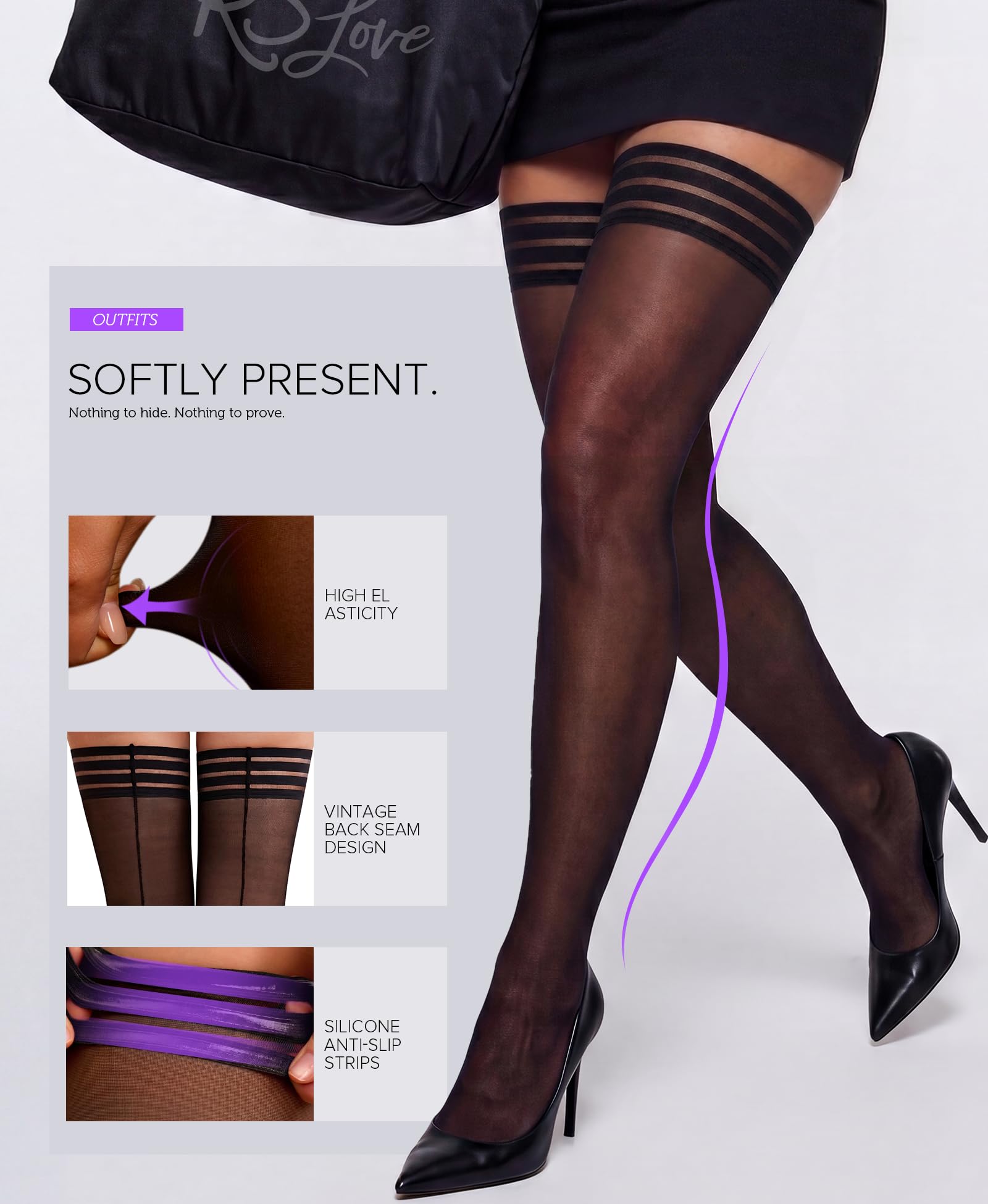 RSLOVE Women's Thigh High Stockings - 40D Antiskid Silicone Backseam Stockings Perfect for Daily & Party Black