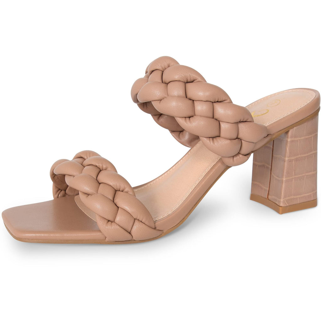 Athlefit Women's Braided Heeled Sandals Fashion Square Open Toe Comfortable Slip on Block Nude Heels Size 8