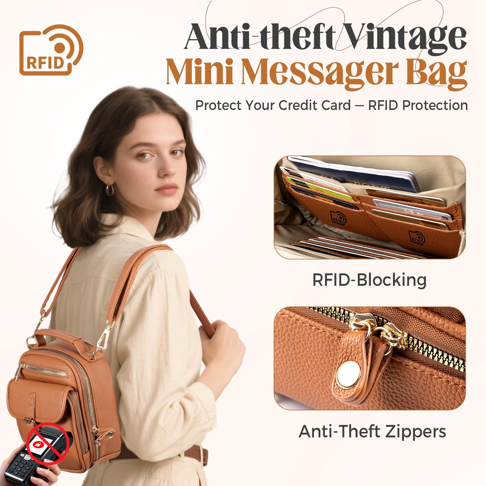 Vegan Leather Crossbody Bag for Women with 2 Straps, Small Messenger Bag with Anti Theft Zipper Pocket Vintage Shoulder Bag