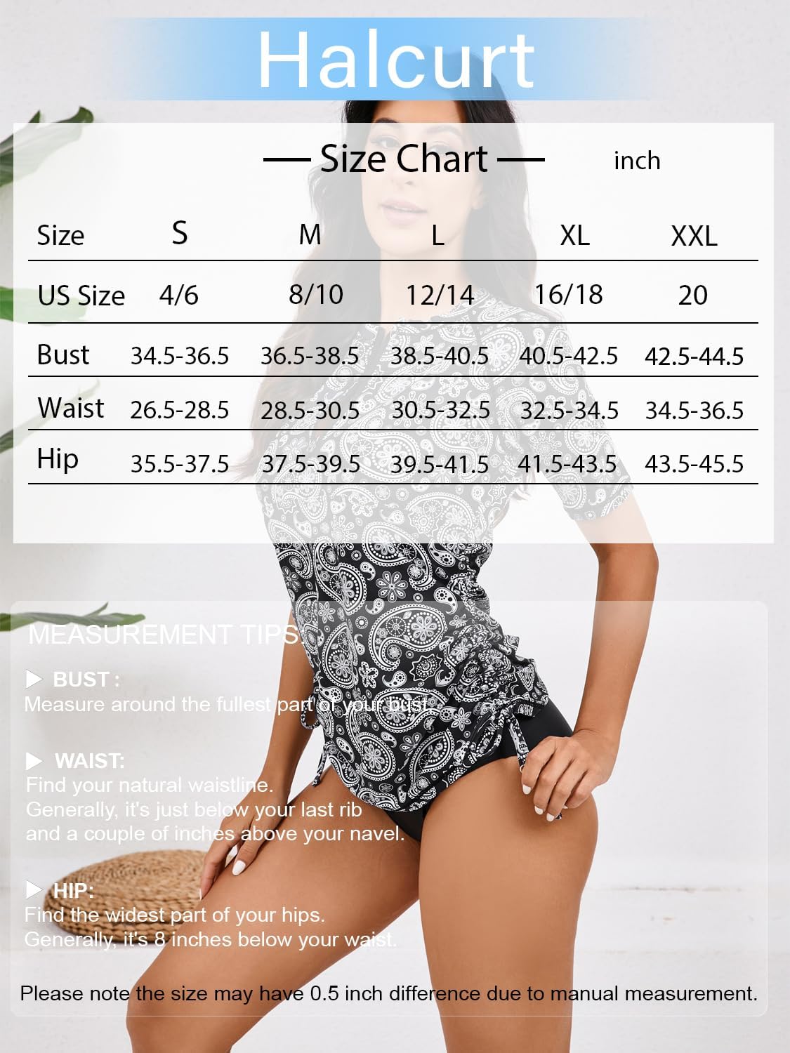 Halcurt Women's Half Zip Short Sleeve Rash Guard Swim Shirt with Tie Drawstring UPF50+ Swimsuit Top Black Paisley S