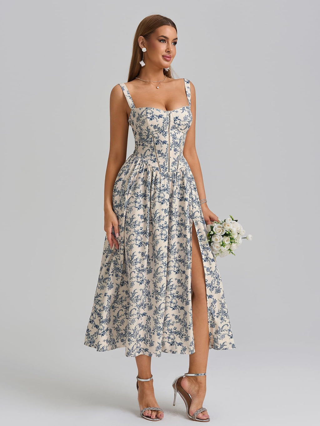 KUTUMAI Floral Corset Midi Dress Flowy Slit Summer Spring Wedding Guest Dresses for Women Sundress with Pockets BlueFloral M