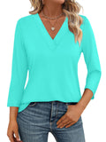 TICTICMISS V Neck T Shirts for Women 3/4 Length Sleeve Womens Tops Casual Loose Fit Tunics Tops Aqua