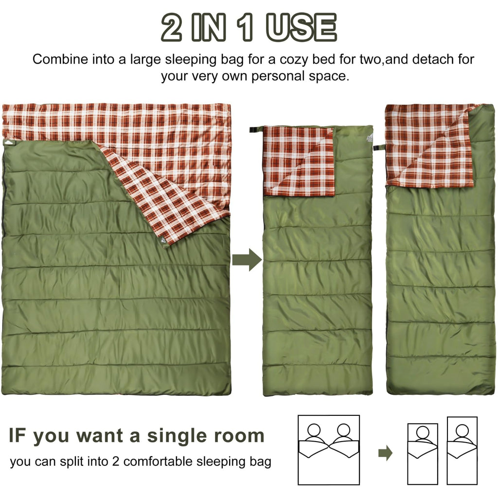 AGEMORE Cotton Flannel Double Sleeping Bag for Camping, Backpacking Or Hiking. Queen Size 2 Person Waterproof Sleeping Bag for Adults Or Teens. Lightweight with Compression Sack