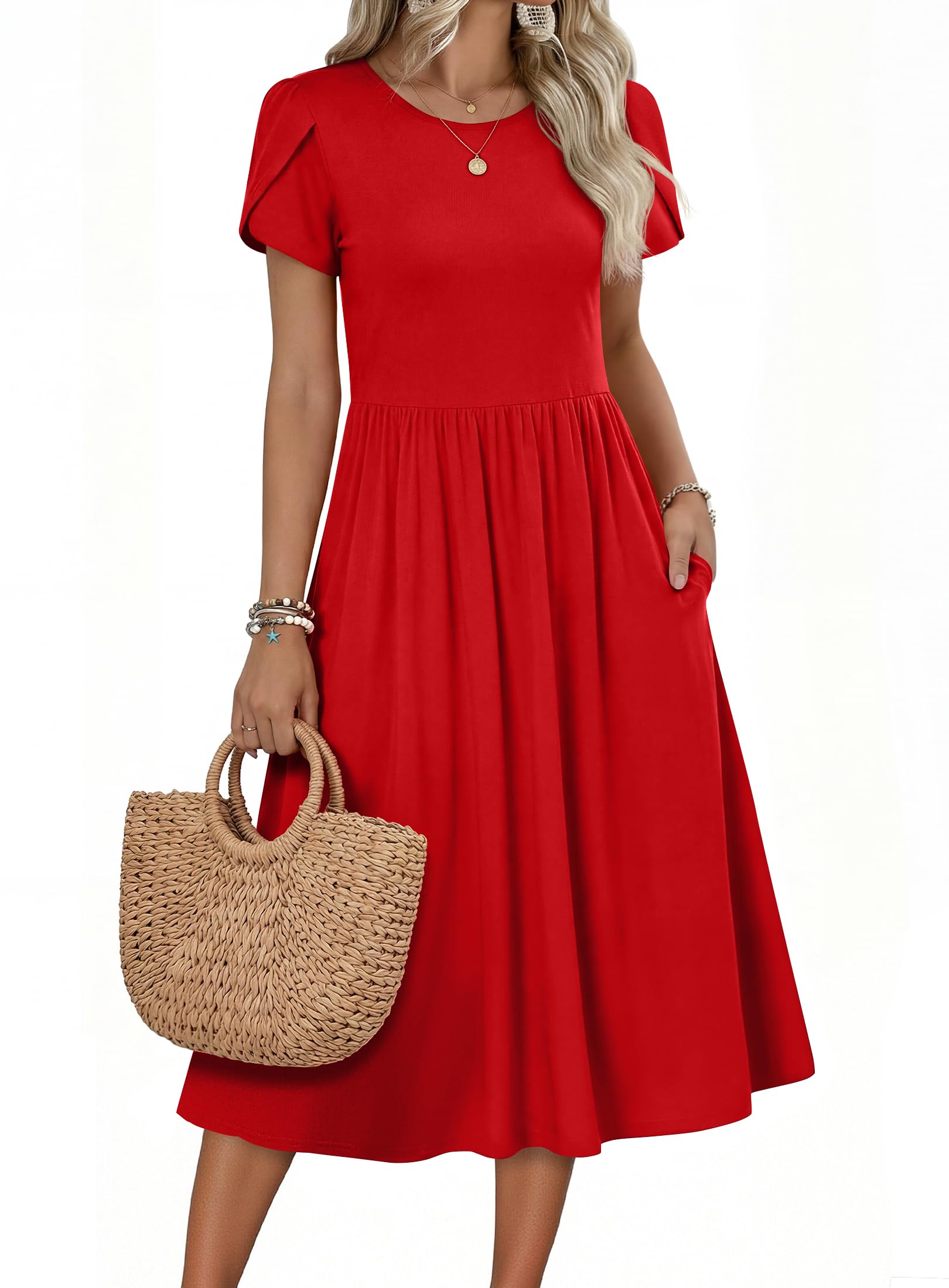 Zeagoo Short Sleeve Dress for Women Casual Summer Tshirt Dress Wedding Guest Dresses Short Sleeve Midi Dress Fashion Beach Vacation Sundress with Pocket Red