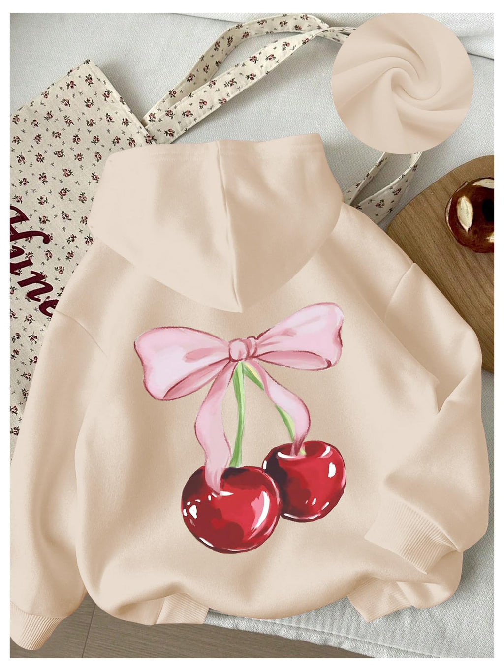 WDIRARA Girl's Cherry Graphic Hoodie Long Sleeve Hooded Sweatshirt Cute Pullovers Tops Apricot 11Y