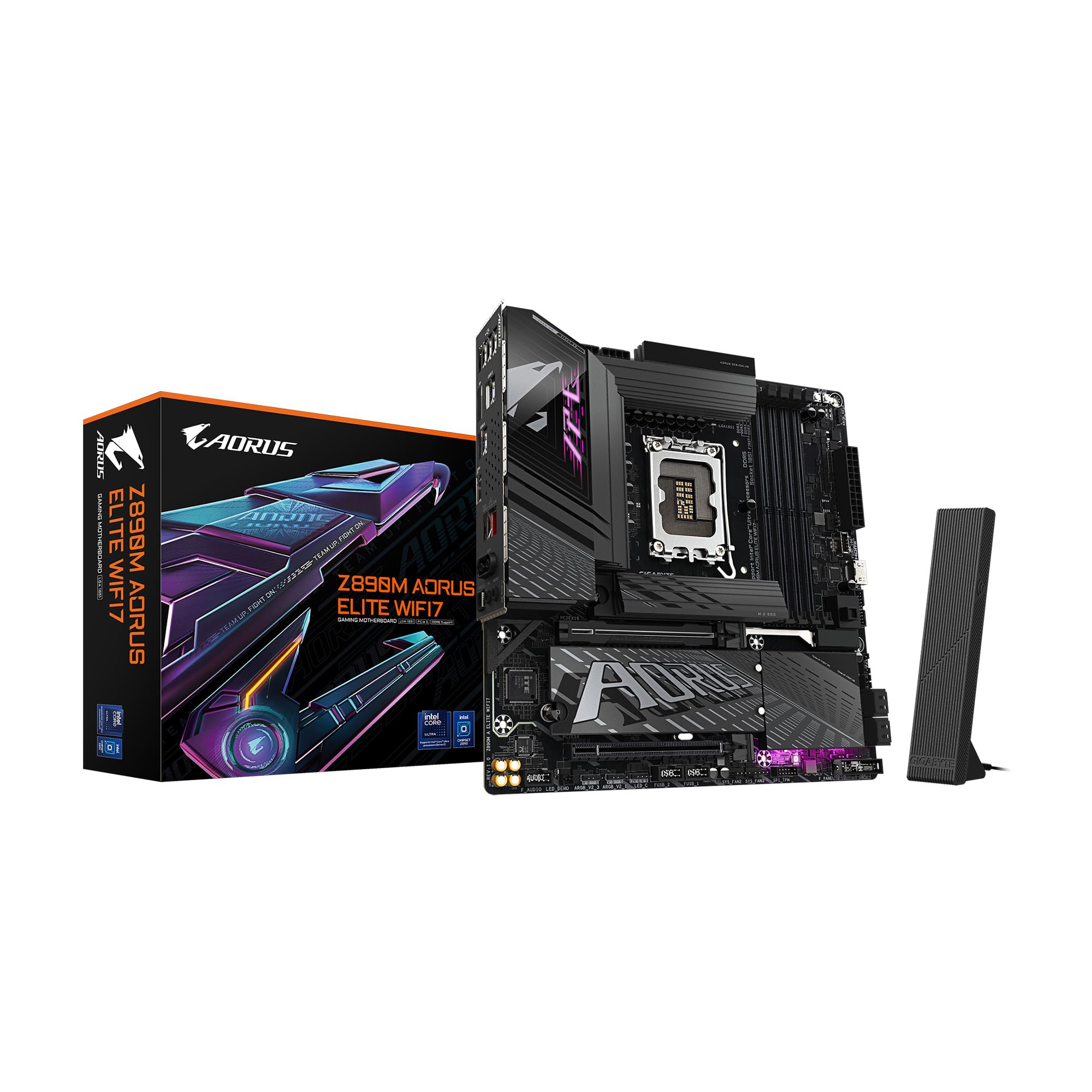 GIGABYTE Z890M AORUS Elite WIFI7 Intel Core Ultra (Series 2) LGA 1851 Motherboard, M-ATX, DDR5, 3X M.2, PCIe 5.0, USB4 Type-C, WIFI7, 2.5GbE LAN, WiFi EZ-Plug, EZ-Latch Plus