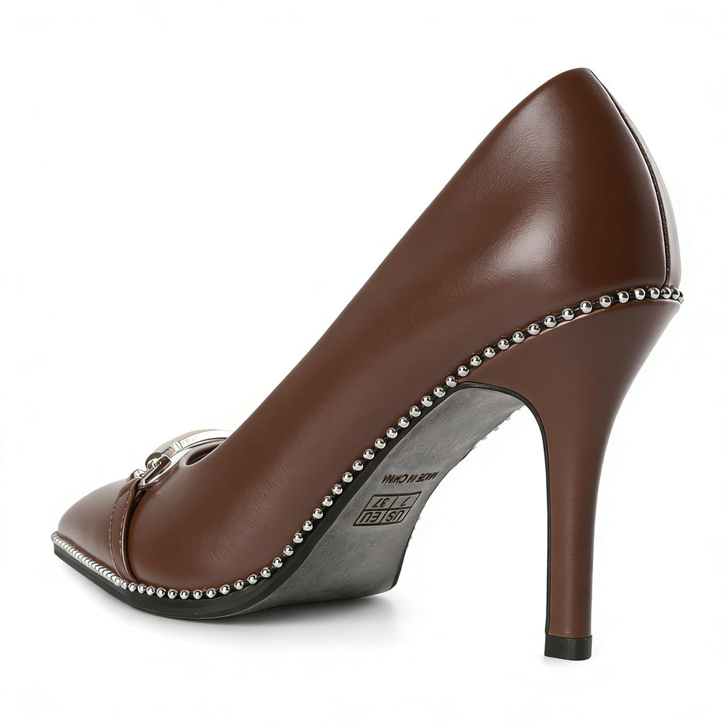 Younton Brown Pumps Stiletto High Heeled Pump for Work Pointy Toe Heel Beaded Heels with Metal Buckle 9 CM Faux Leather US Size 7.5