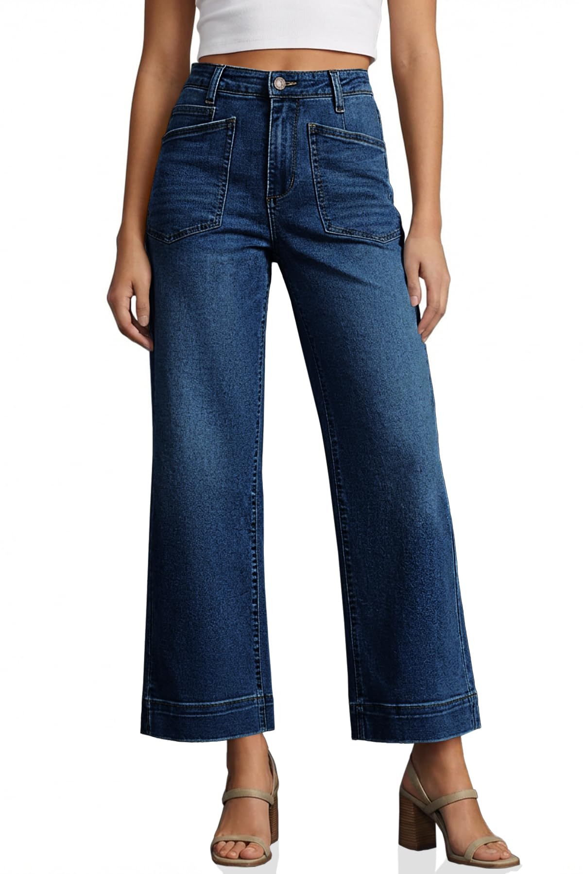 Cicy Bell Womens Cropped Wide Leg Jeans Stretchy High Waisted Trendy Baggy Denim Ankle Pants with Pockets