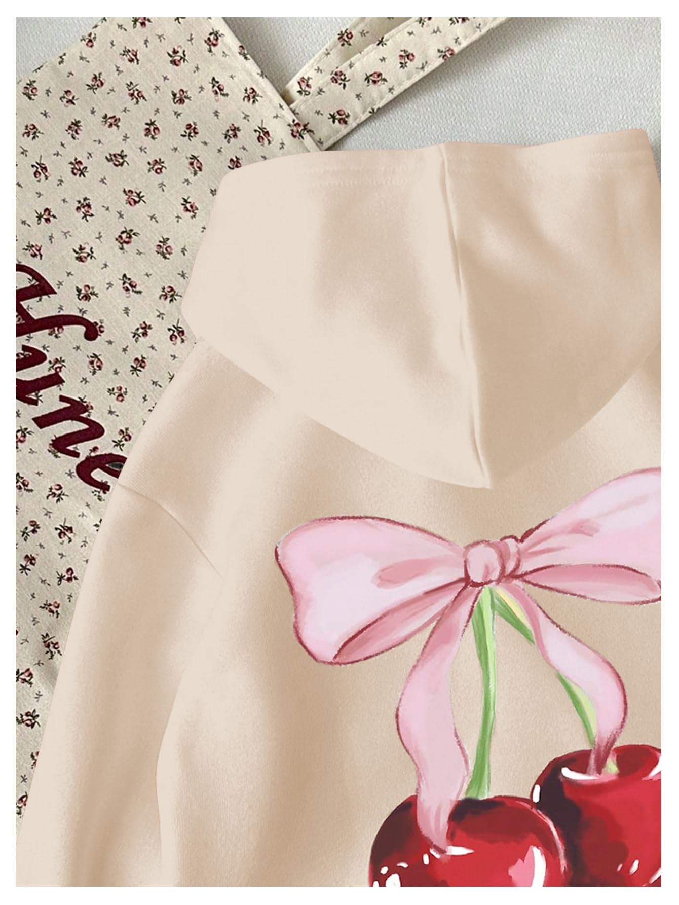 WDIRARA Girl's Cherry Graphic Hoodie Long Sleeve Hooded Sweatshirt Cute Pullovers Tops Apricot 7Y