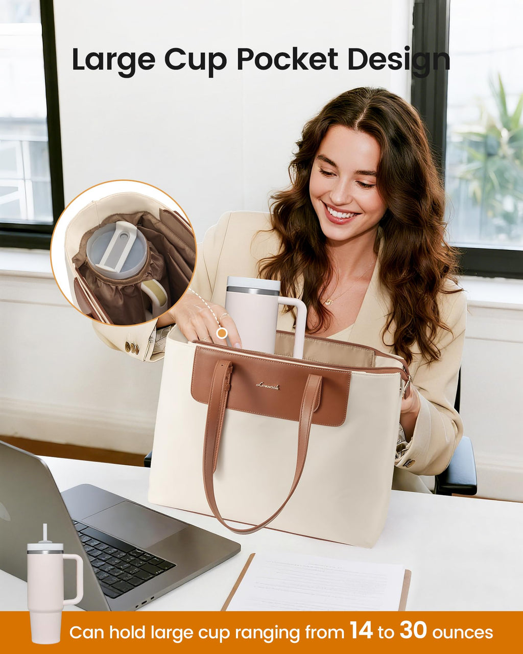 LOVEVOOK Laptop Tote Bag for Women 15.6 Inch, Water-Resistant Work Tote Bag Large Capacity Computer Bag Briefcase Handbag for Office Business Travel Teacher Nurse, Nylon & PU, Brown