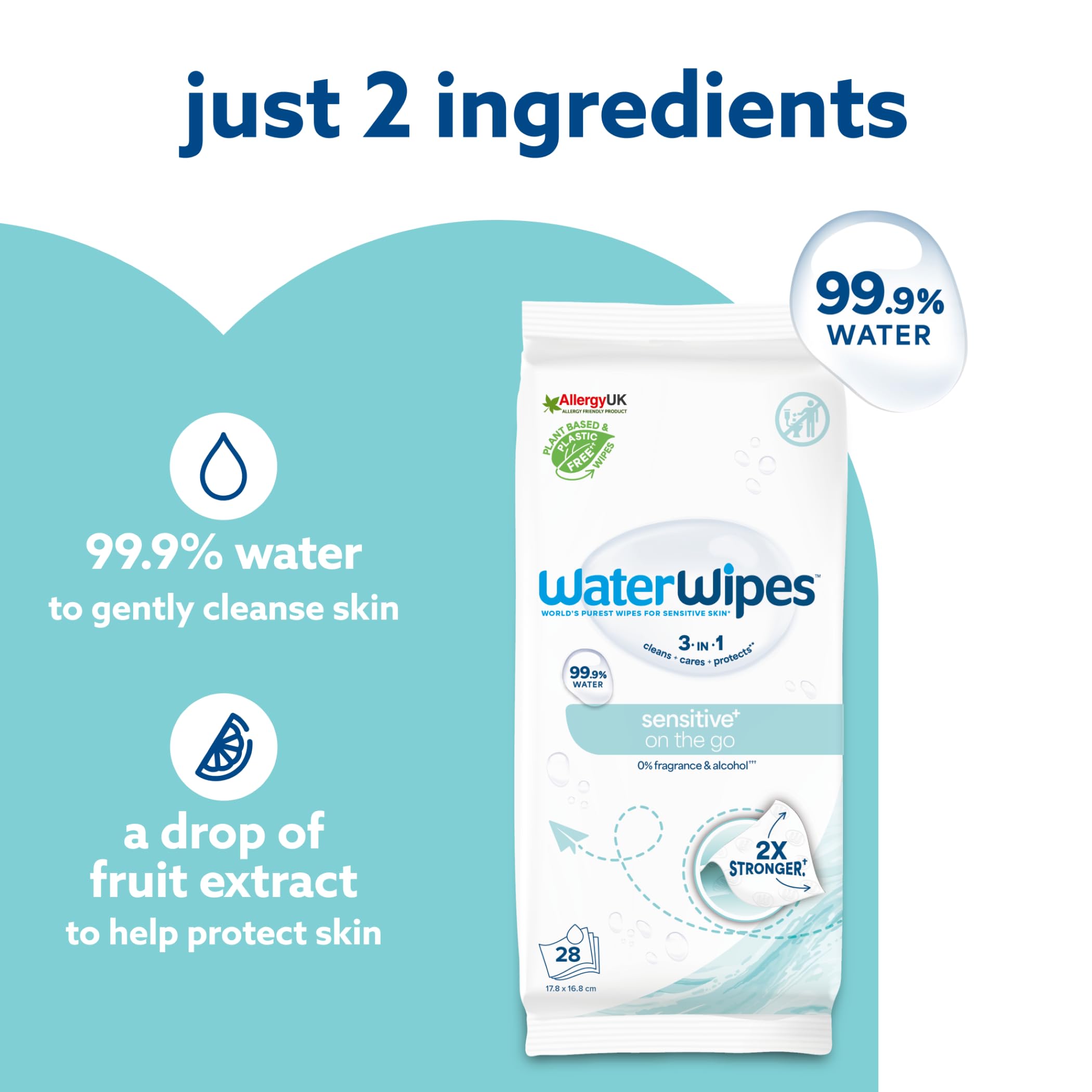 WaterWipes Sensitive+ On The Go Wipes, 224 Count (8 Packs), 3-In-1 Cleans, Cares, Protects, 99.9% Water, Unscented Wet Wipes