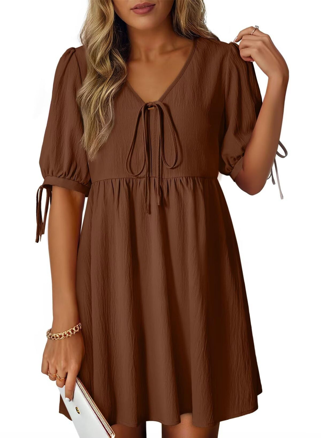 Dokotoo Chocolate Brown Summer Clothes Women's Summer Short Sleeve Tie Front Empire Waist A-Line Babydoll Loose Cute Mini Dress Coffee XX-Large