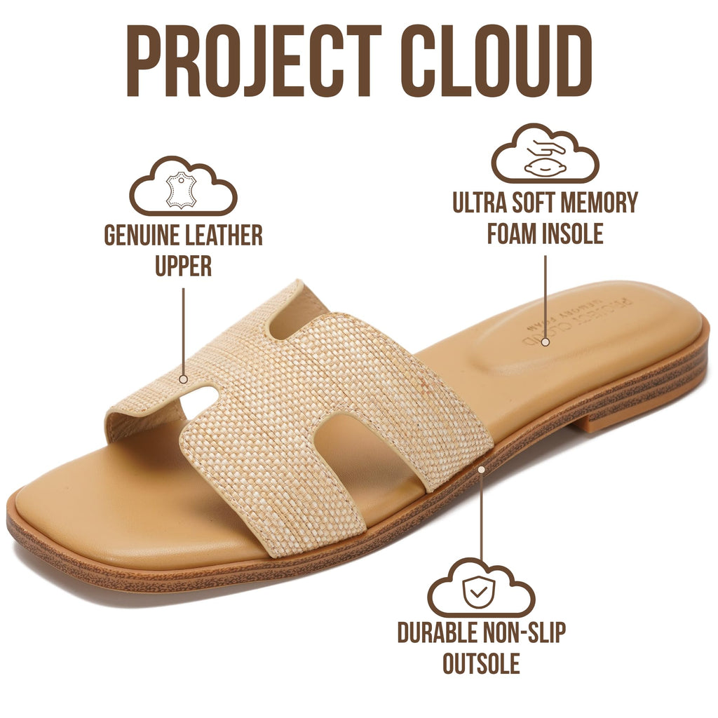 Project Cloud 100% Genuine Leather Sandals for Women 2026 - Fashion Flat Womens Sandals with Memory Foam Insole Slides Sandals Women Footwear - Mules Women's Sandals (Jannel,Raffia,6.5)
