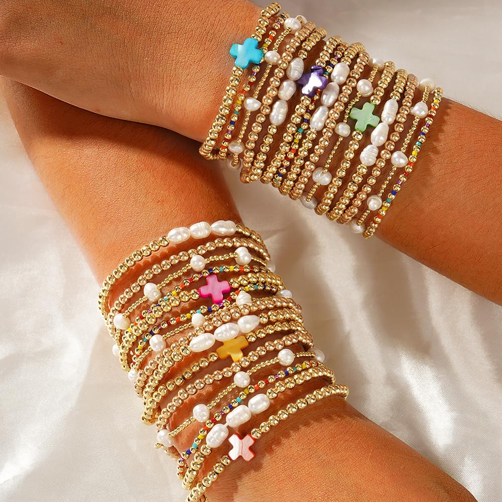 SHINUS BOHO 14K Gold Pearl Beaded Cross Bracelets Stack Set for Women,Stretch Pink Beads Ball Jewelry Friendship Summer Vacation Outfit Trendy Stocking Stuff Gift