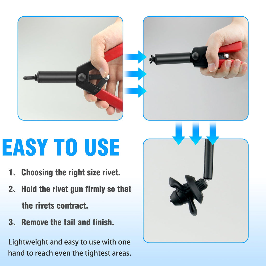 Mejiao Rivet Gun Set with 3 Sizes Nylon Blind Rivets, 30 Pieces, Hand Riveter Suitable for Automotive and More