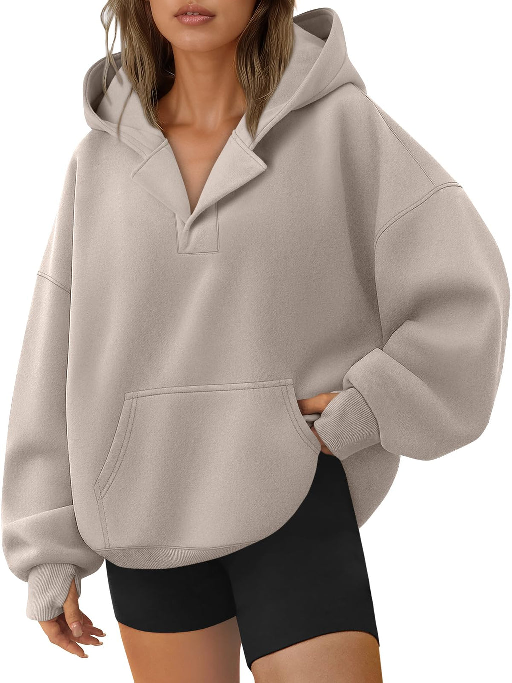 Trendy Queen Womens Oversized V Neck Hoodies with Thumb Hole Pullover Sweatshirts Y2k Clothes Fall Fashion Outfits 2026 CoffeeGrey S