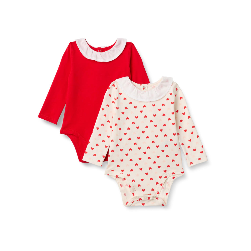 Amazon Essentials x Sofia Grainge Baby Girls' Long Sleeve Ruffle Collar Bodysuit, Pack of 2, Red/Hearts, 6-9 Months