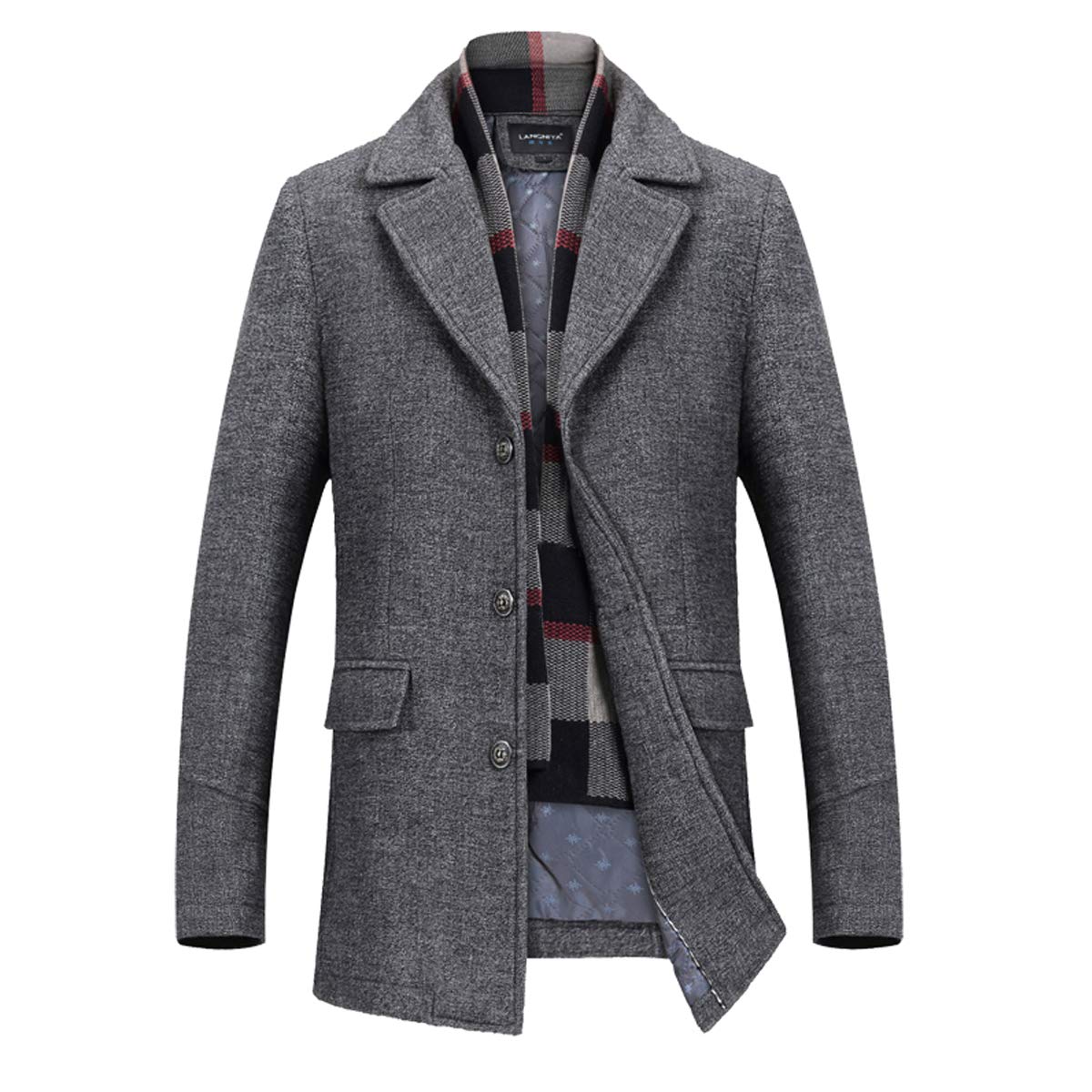 INVACHI Mens Wool Blend Coat Winter Trench Coat with Detachable Soft Scarf Single Breasted Overcoat