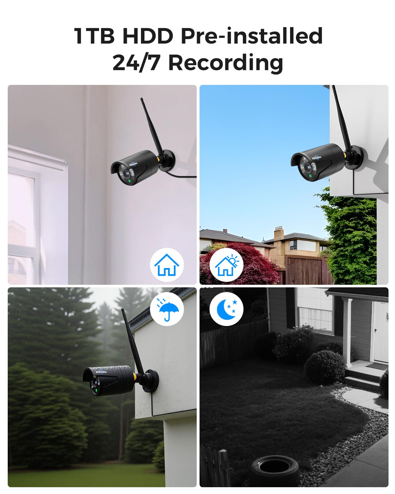 Hiseeu [16CH Expandable] 2.4G/5G Wireless Pro Security Camera System, 10.1" LCD 8MP Monitor, Wired Plug-in Powered 4Pcs 5MP Outdoor Indoor Cameras, One-Way Audio, Waterproof, Motion Detection, 1TB HDD