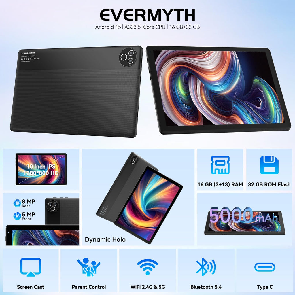 Tablet 10 Inch Android 15 OS GMS Certified Tablets PC 1.8 GHz 5-Core 16 (3+13) GB RAM 32 GB ROM 1 TB Expandable 1280x800 HD IPS Touch Screen 5000 mAh WiFi 6 Bluetooth 5.4 Dual Camera 2025 (Black)