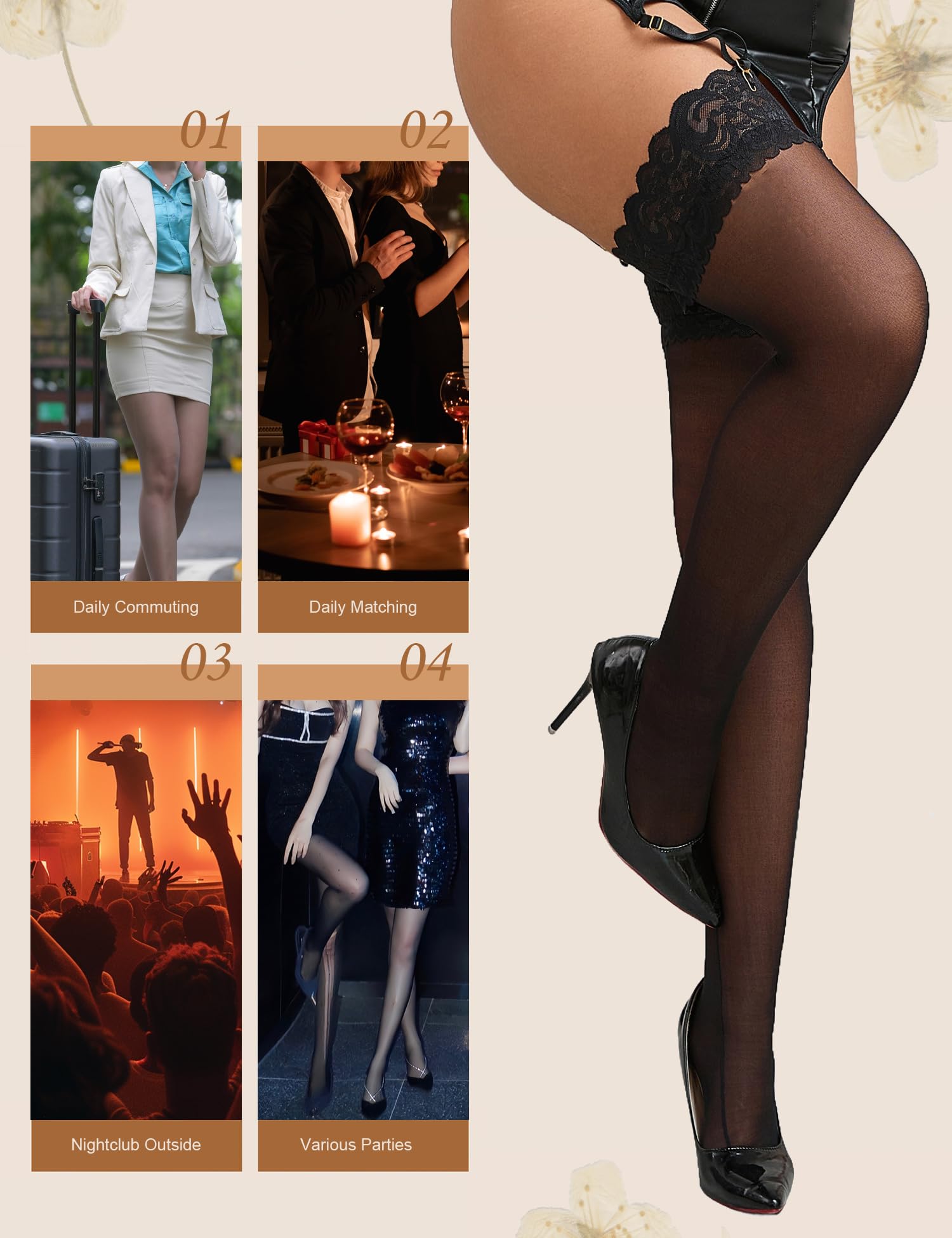 comeondear Black Sexy Sheer Thigh High with Seam Plus Size Overknees Nylon Stockings with Silicone Strap for Women
