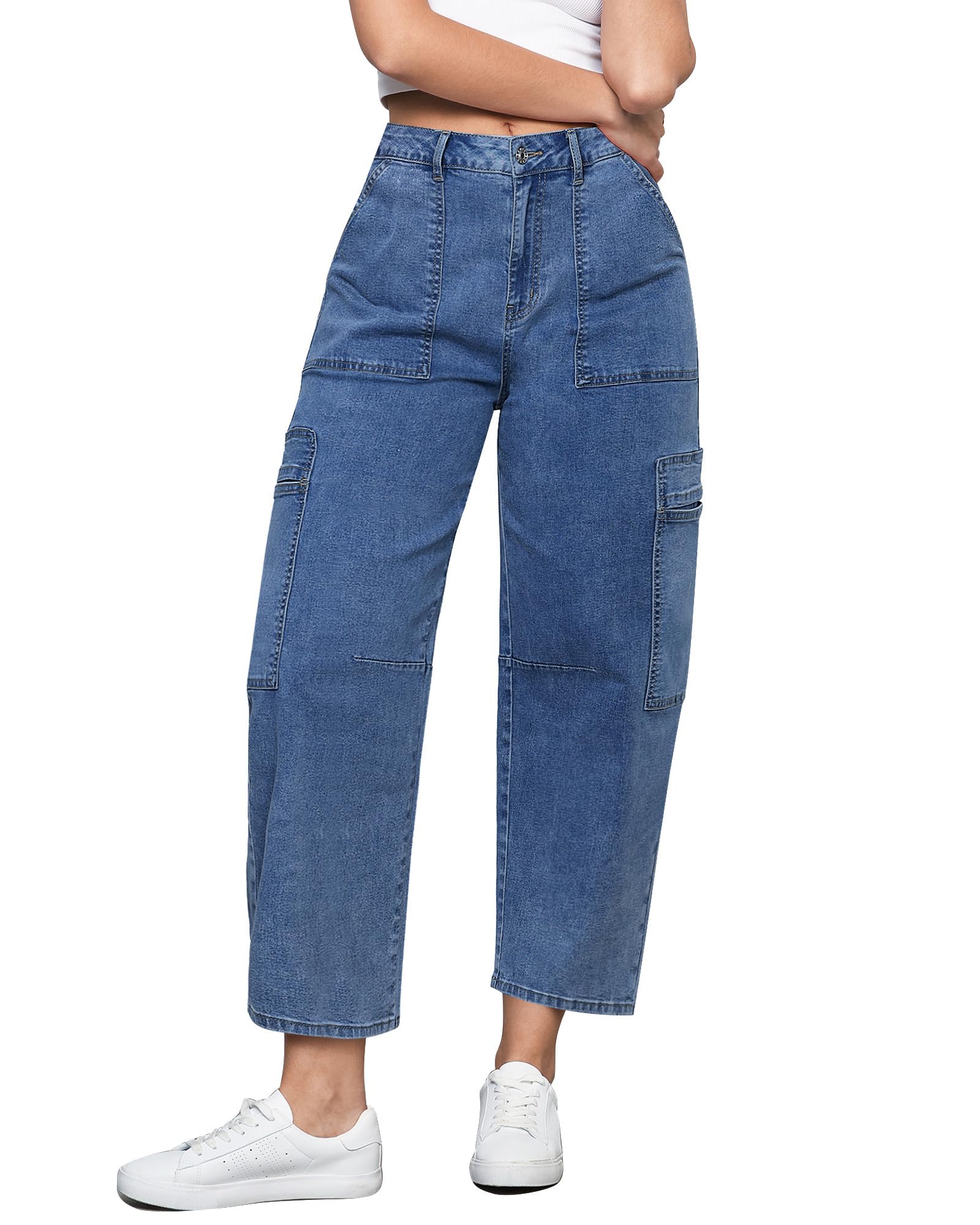 GRAPENT Barrel Women's Baggy High Waisted Oversized Ankle Jeans - Reef Blue, X-Large (Size 16-18)