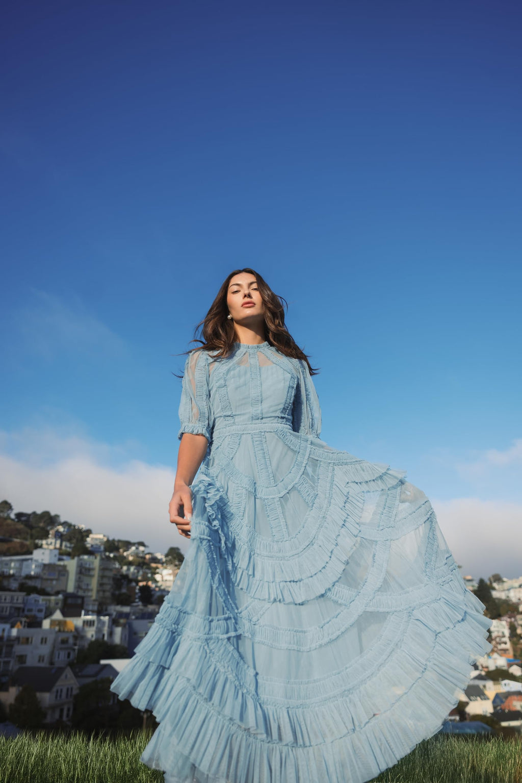 Mac Duggal Mesh Ruffle Tiered A Line Midi Dress French Blue