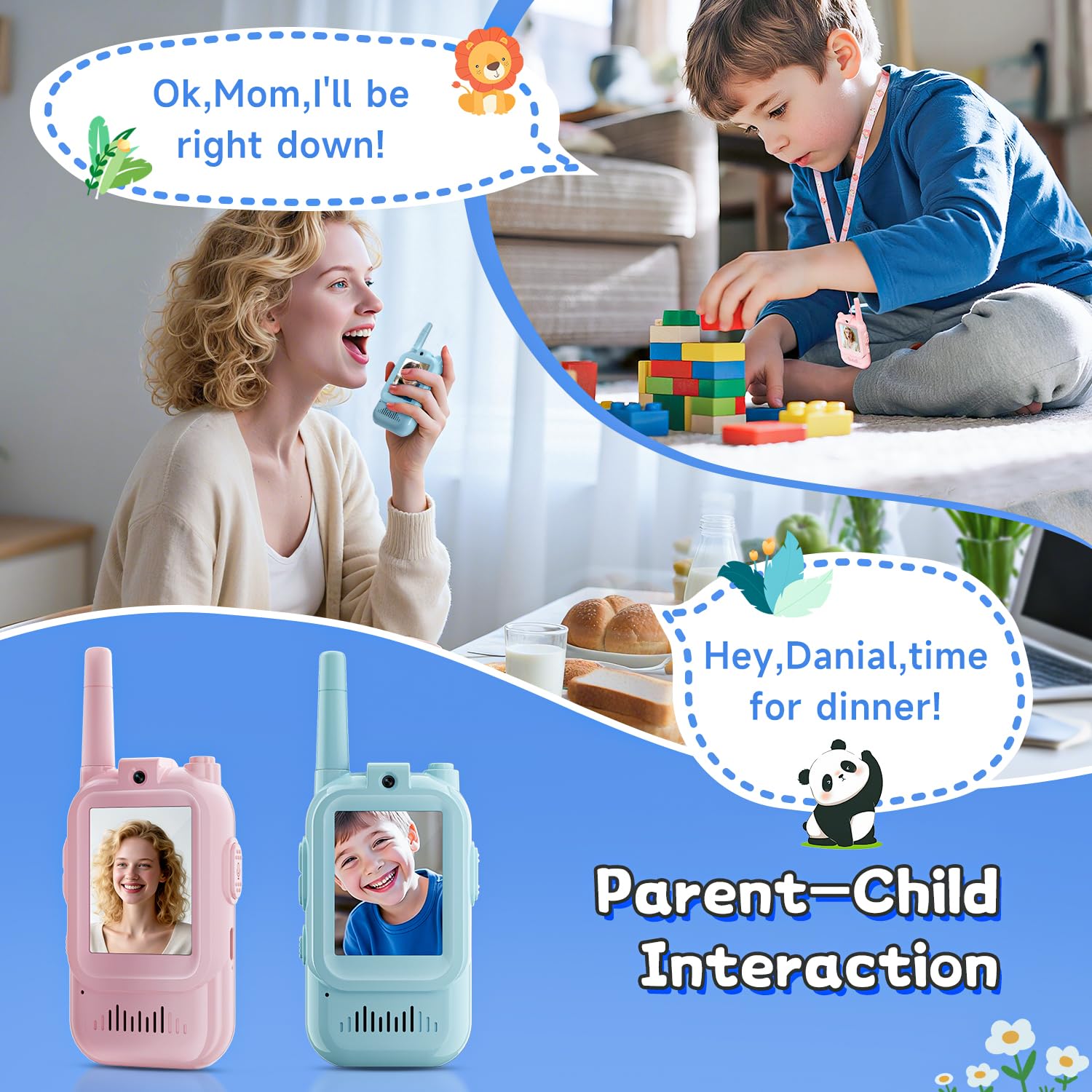 Video Walkie Talkies for Kids, Handheld 2 Pack Rechargeable Video Intercom Kids Walkies Talkies, Indoor Outdoor Toys for Family Games, Outside, Camping, Hiking for Boys Girls Ages 3-12 (Blue/Pink)