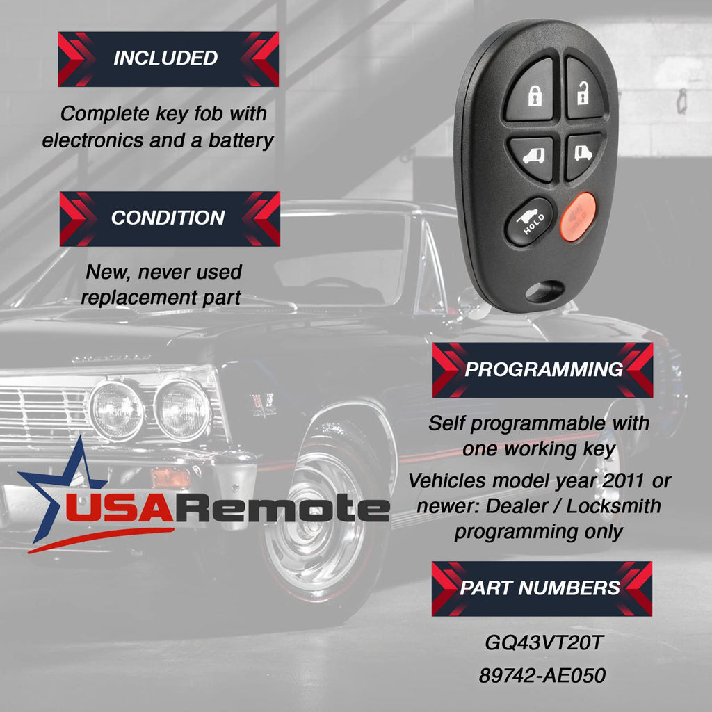 Key Fob Keyless Entry Remote fits 2004-2016 Toyota Sienna (GQ43VT20T 6-Btn)