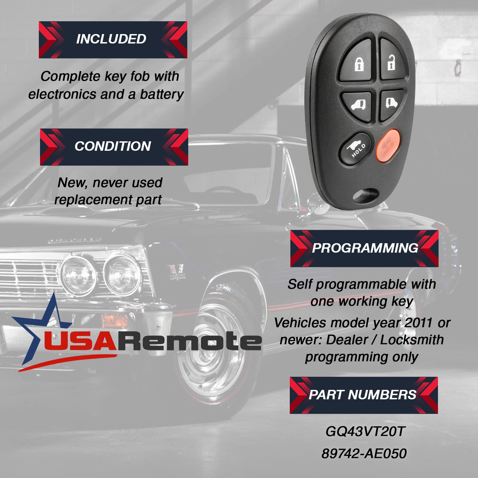 Key Fob Keyless Entry Remote fits 2004-2016 Toyota Sienna (GQ43VT20T 6-Btn)