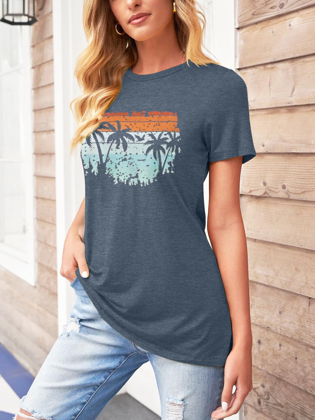 TAKEYAL Graphic Tees for Women Map Count Tree Print Short Sleeve T Shirts Summer Casual Tee Beach Vacation Top (Blue Gray, L)