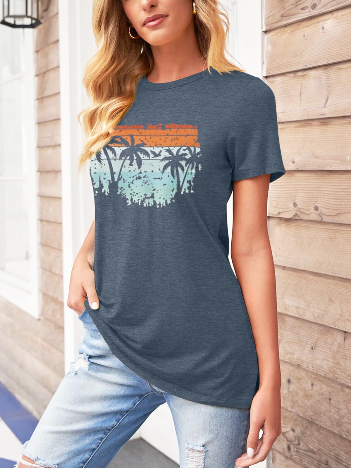 TAKEYAL Graphic Tees for Women Map Count Tree Print Short Sleeve T Shirts Summer Casual Tee Beach Vacation Top (Blue Gray, M)