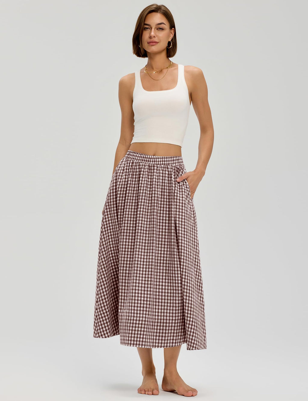 LOMON Midi Skirts for Women A-Line Cotton Flowy Summer Skirt with Pockets Elastic High Waist Boho Beach Vacation Casual Maxi Skirt (Coffee Plaid, M)