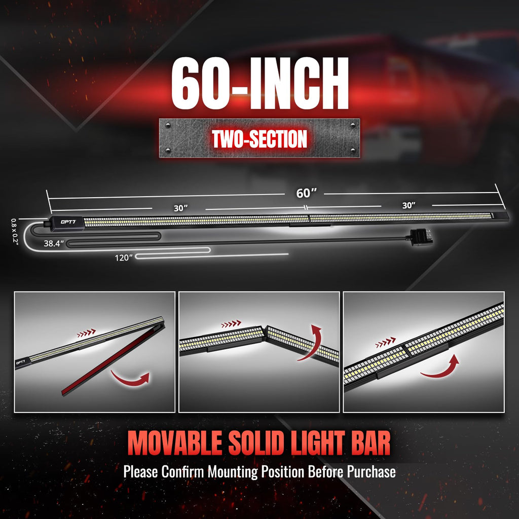 OPT7 Redline Parlux 60" Aluminum Truck Tailgate Light Bar w/Sequential Red Turn - Rigid 2-Section Triple Row LED Light Strip w/Ignition Sequence, Red Running Brake, Triple-Flash White Reverse