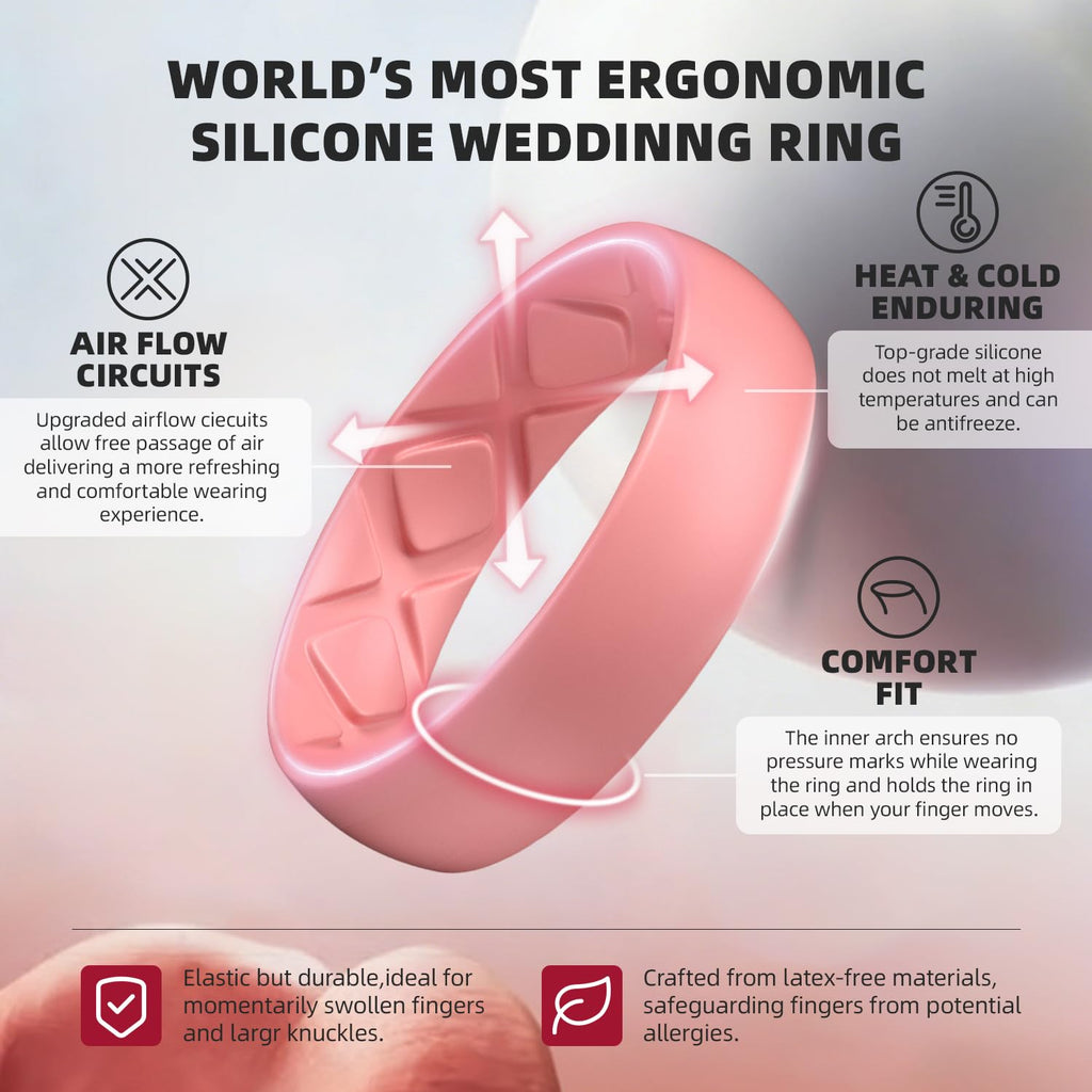 Egnaro Women's Statement Rings, Silicone Wedding Rubber Band with Half Size, Inner Arc Ergonomic Breathable Design, 6mm Wide - 2mm Thick