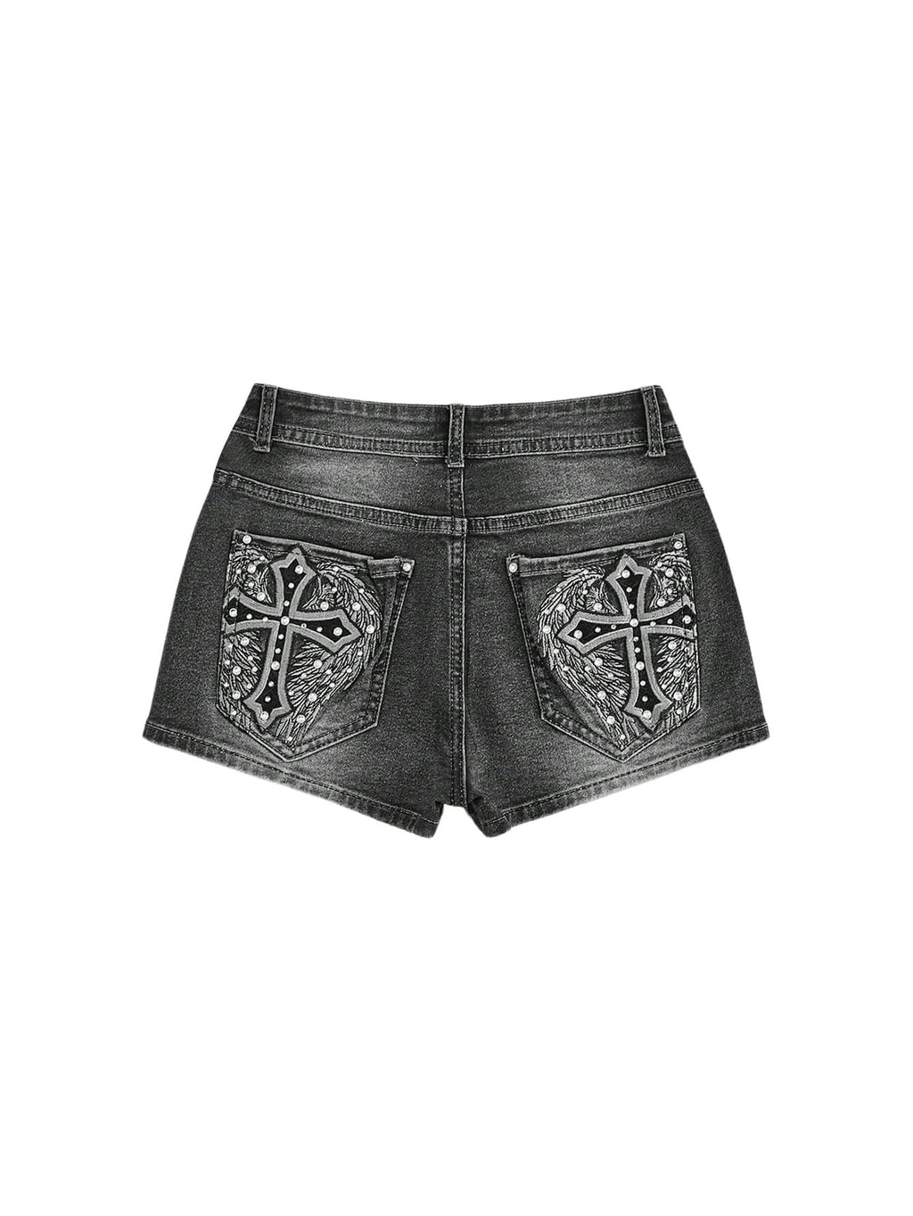 WDIRARA Women's Cross Embroidery Rhinestone Denim Shorts Y2k Grunge Punk Jean Shorts