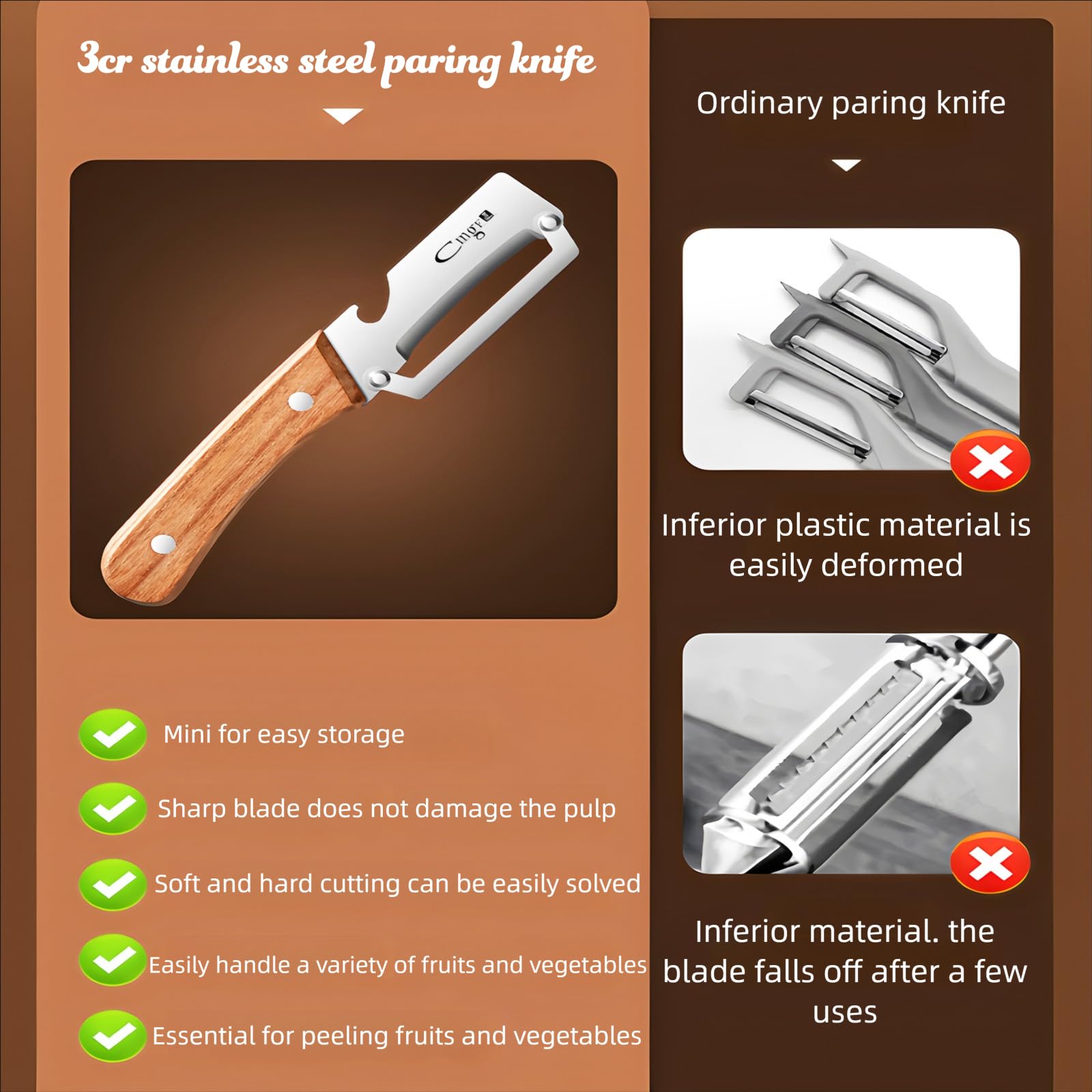 ANMIOU Premium Vegetable Peeler with Wooden Handle and Bottle Opener Stainless Steel Blade Kitchen Tool for Fruit Apple Potato Pumpkin Papaya Zucchini