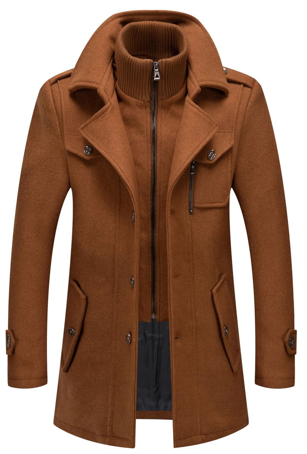 CHARTOU Men's Thermal Single Breasted Wool Blend Coat Business Peacoat with Detachable Zipper (Large,Caramel)