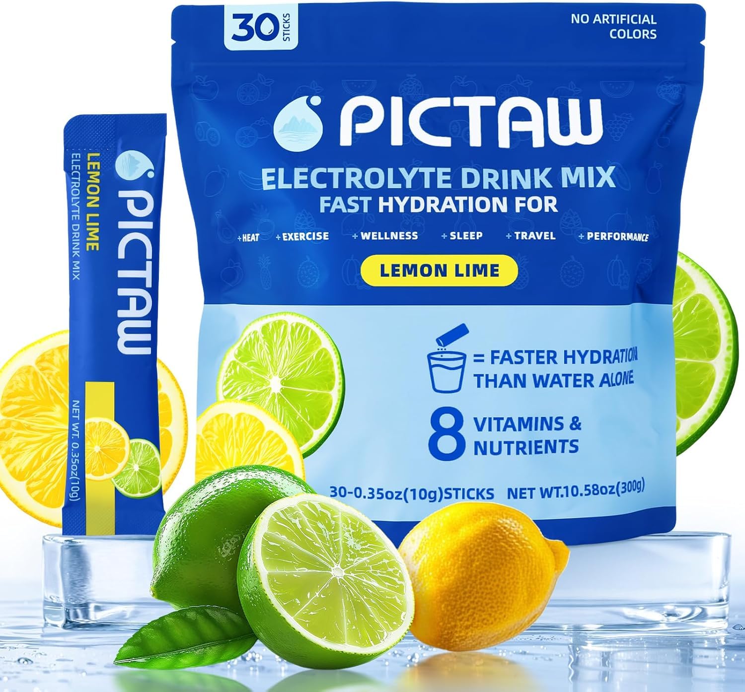 PICTAW Electrolytes Powder Packets - Hydration Packets, Liquid Daily IV Hydrate Packet for Dehydration Relief and Rehydration Portable, Electrolyte Drink Mix Vegan/Non-GMO (Lemon Lime 30 Pack)
