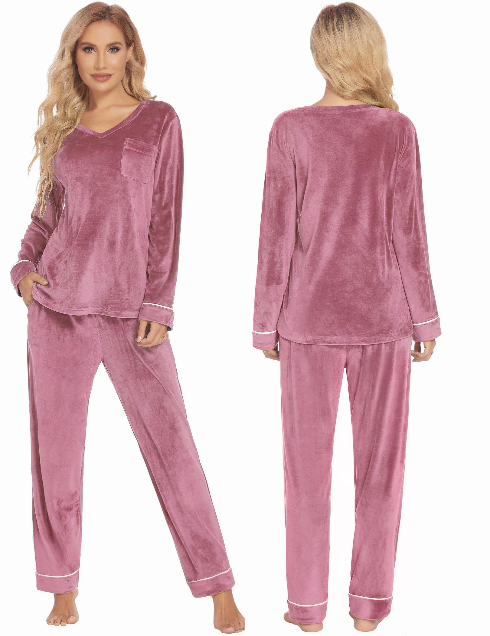Ekouaer Couples Matching Pajamas Sets Velvet PJs Set for Men and Women Velour Long Sleeve Sleepwear S-XXL Pink