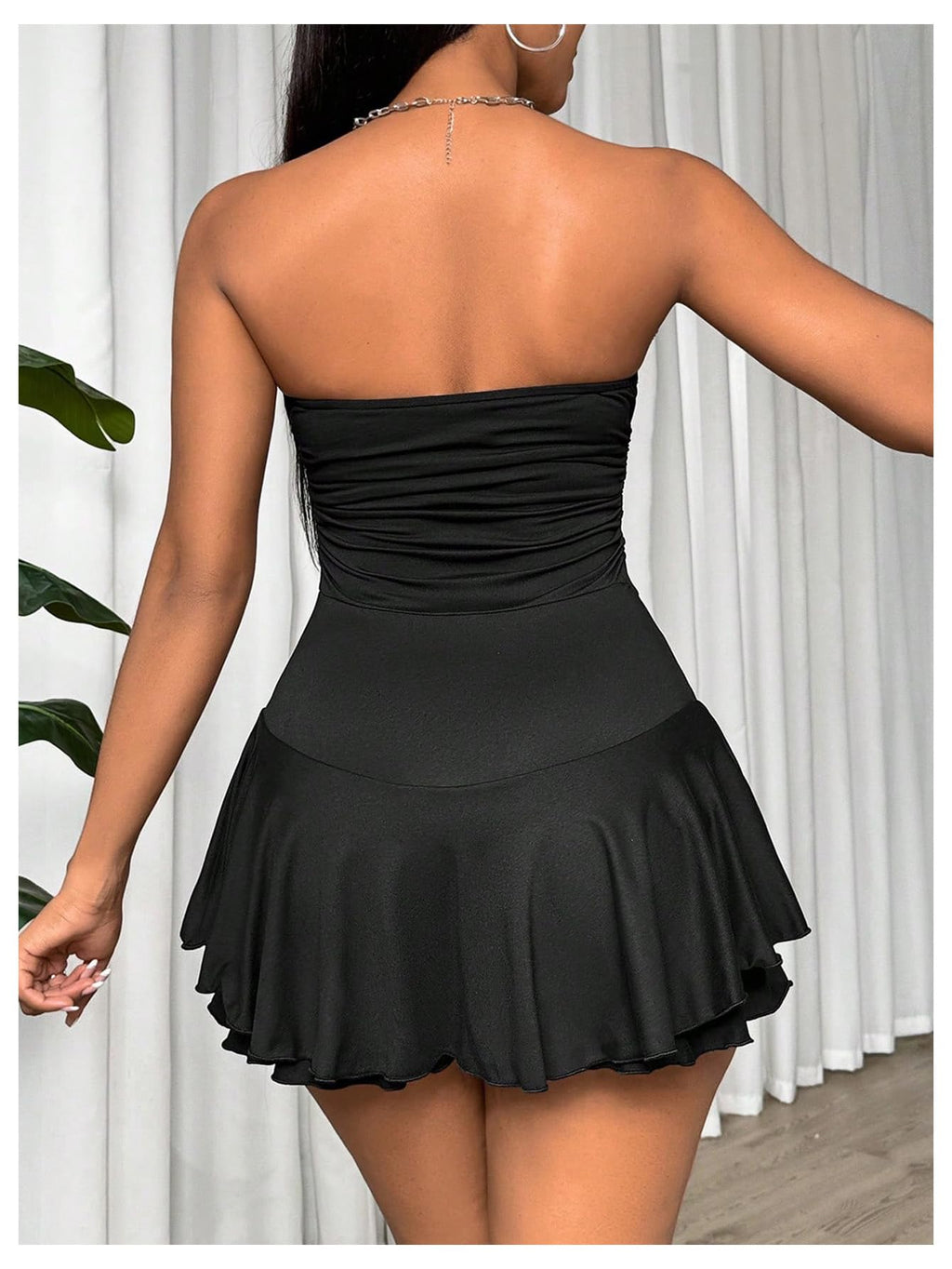 WDIRARA Women's Strapless Tube Romper Dress Ruched Waist Ruffle Tiered Layer Party Mini Dresses Black Medium