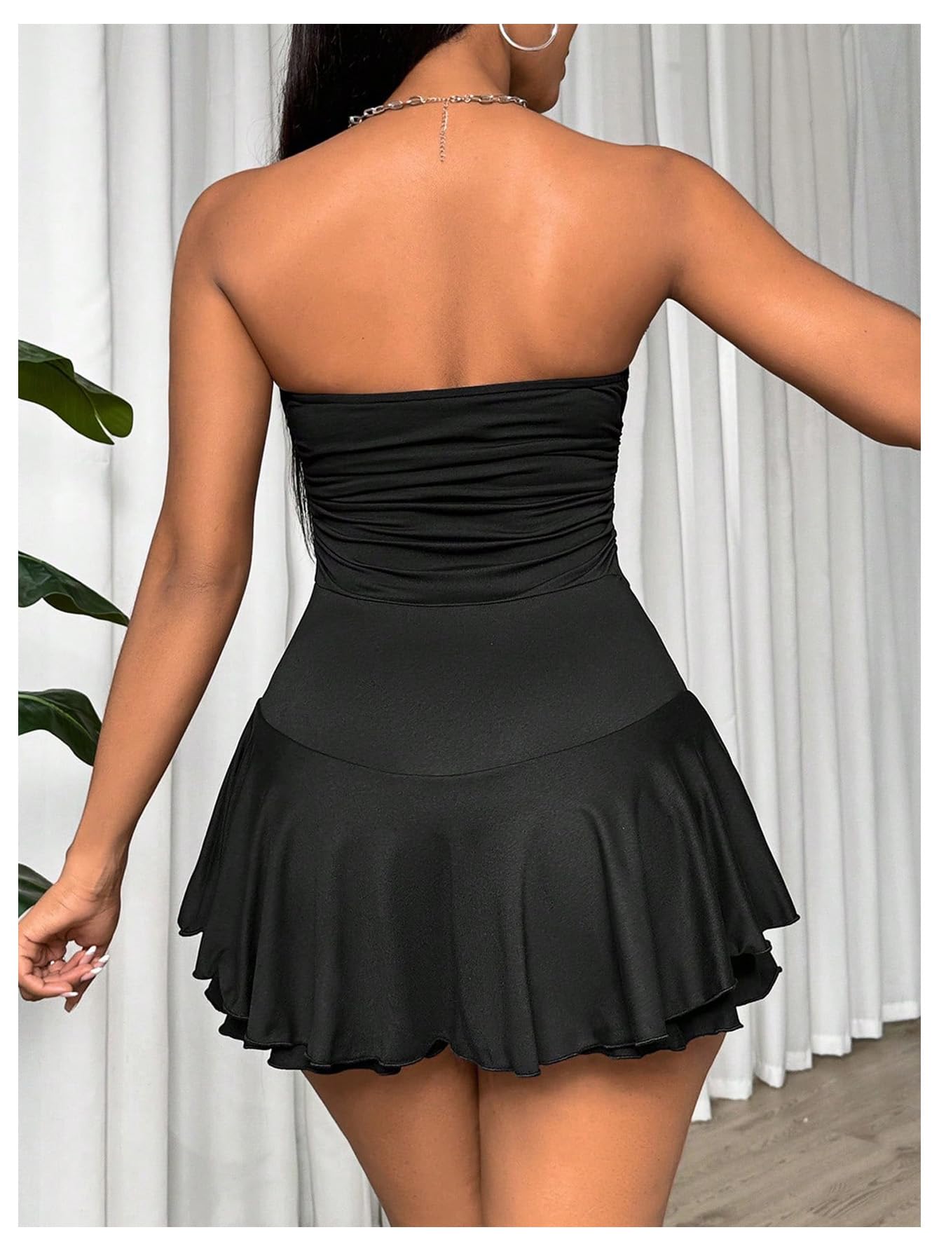 WDIRARA Women's Strapless Tube Romper Dress Ruched Waist Ruffle Tiered Layer Party Mini Dresses Black Medium