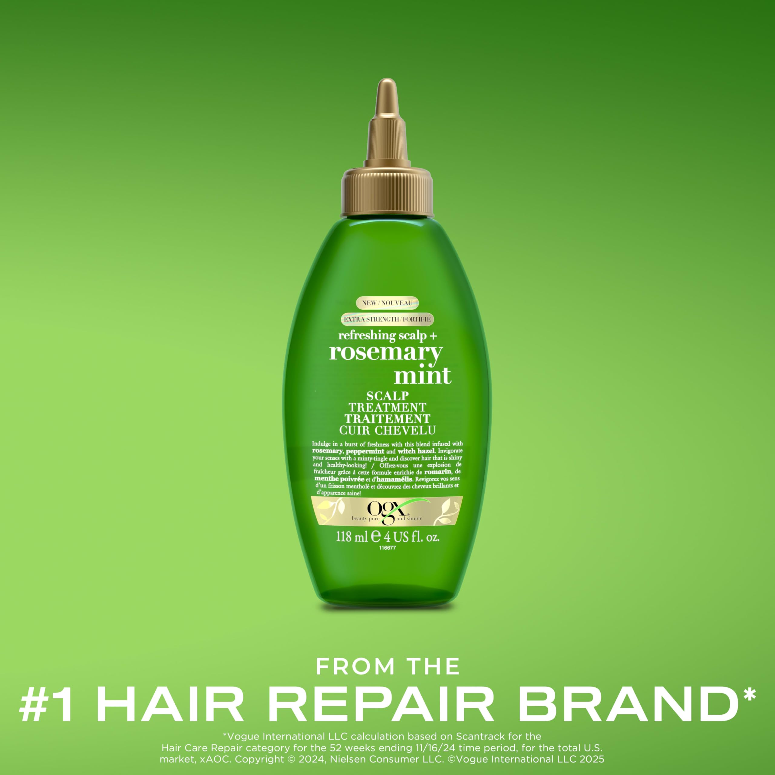 OGX Extra Strength Refreshing Scalp + Rosemary Oil Mint Dry Scalp Treatment, Peppermint & Witch Hazel Scalp Detox, Clarifying Leave-In to Help Remove Buildup and Refresh, Shiny Hair Finish, 4 fl oz